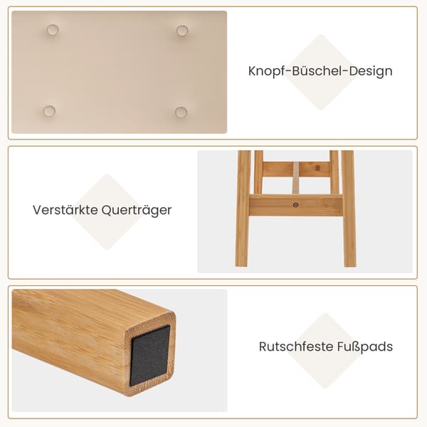 Bambubänk med dyna i konstläder, 100 cm, beige