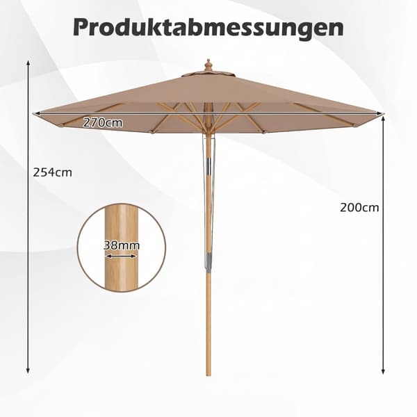 270 cm terrasseparasol, bambus, justerbar vippefunktion, khaki