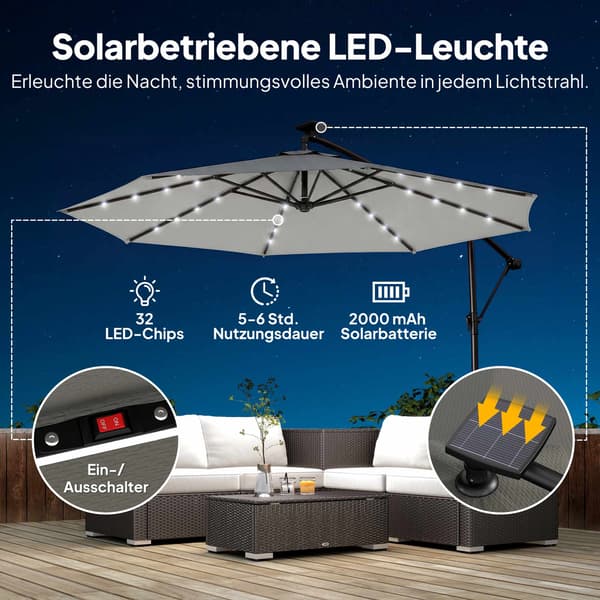 Fritstående terrasseparasol, 3x3m, solcelledrevne LED-lys, UV-resistent