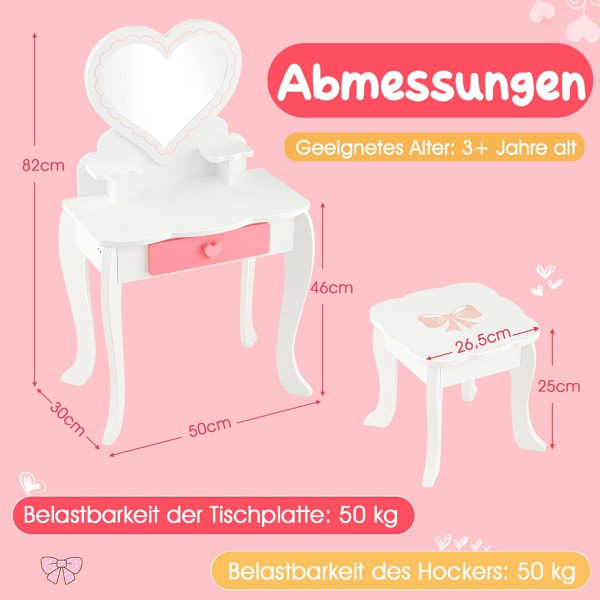 Sminkbordsset för barn med ♡hjärtformad spegel & pall & låda & tillbehör