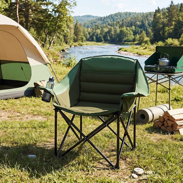 Overdimensioneret grøn campingstol, foldbar med hynde og kopholder
