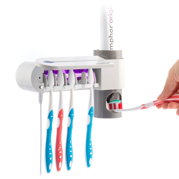 UV-sterilisering för tandborstar med hållare och tandkrämsdispen
