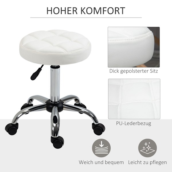 Rulleskammel, højdejusterbar arbejdsskammel, roterende salontaburet til kontor, massage, kunstlæder, hvid, diameter 35,5 x 51-67 cm