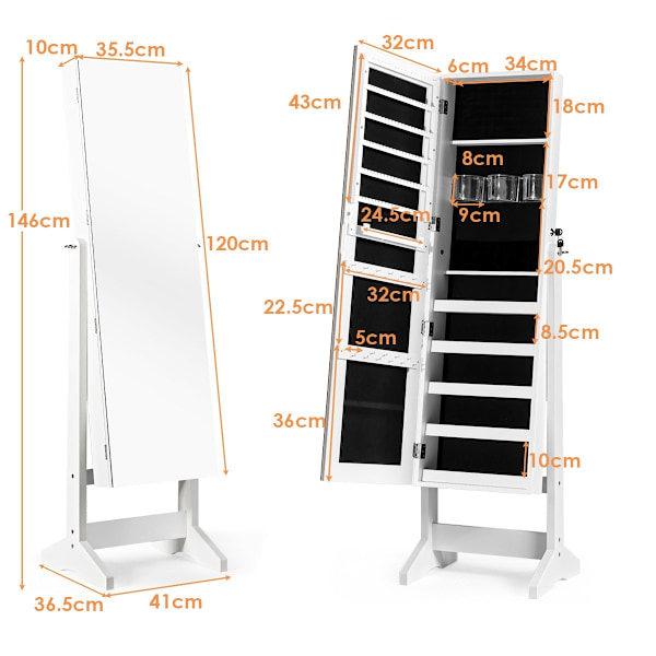 2 i 1 smykkeskab med spejllåsbar smykkebeholder 41 x 36,5 x 146 cm hvid
