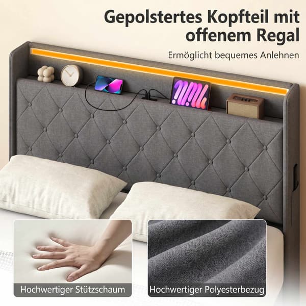 Platformssengestel 140x200 cm med opbevaring og LED-lys