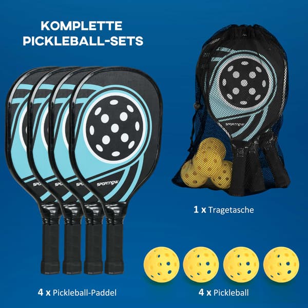 Pickleball-set: 4 paddlar, 4 bollar, bärväska, blå/svart