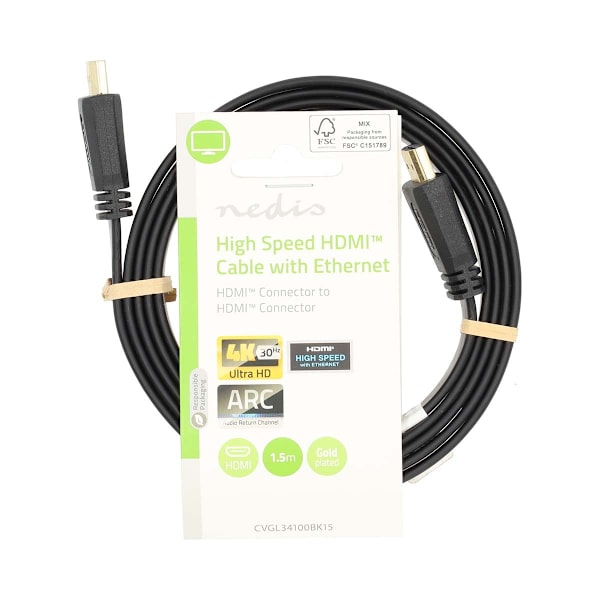 High Speed ​​HDMI ™ kabel med Ethernet | HDMI™ Kontakt | HDMI™ Kontakt | 4K@30Hz | 10.2 Gbps | 1.50 m | Platt | PVC | Svart | Label