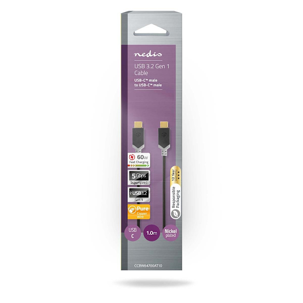 USB-kabel | USB 3.2 Gen 1 | USB-C™ Hane | USB-C™ Hane | 60 W | 4K@60Hz | 5 Gbps | Nickelplaterad | 1.00 m | Rund | PVC | Antracit | Kartong med fönste