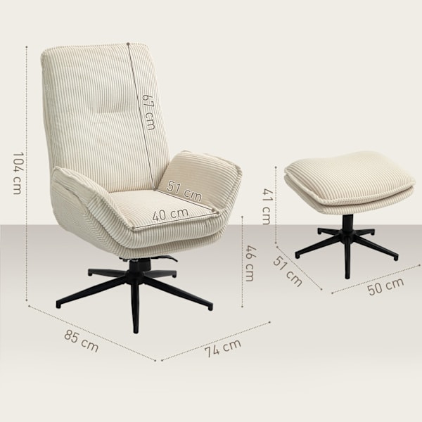 Relaxstol med pall, 360° roterande TV-stol med liggfunktion, TV-stol med sladdlook, fåtölj för vardagsrum, sovrum, beige