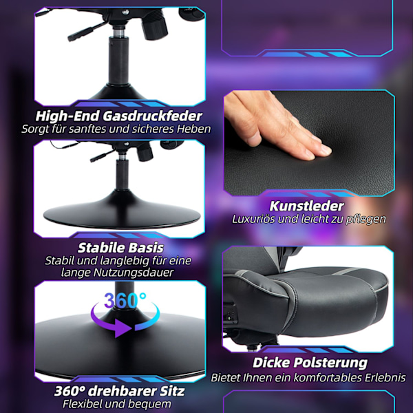 Gamingstol med vippe- og benfunktion, ergonomisk computerstol, højdejusterbar, drejelig skrivebordsstol med højttaler, bæreevne op til 120 kg, sort +