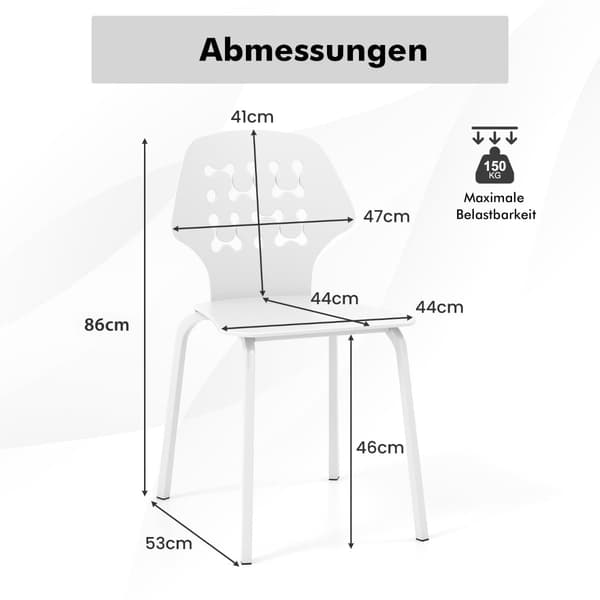 Metallmatstolar, set om 4, vit, ergonomiskt ryggstöd