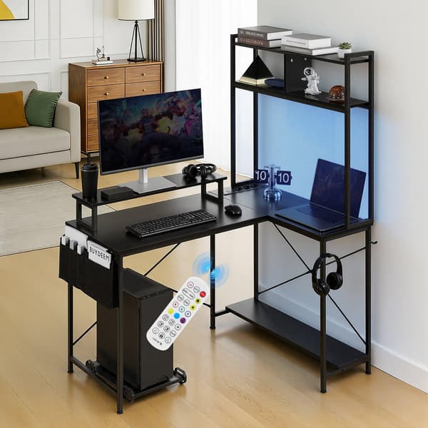 L-formet gamingbord med LED, vendbar 1,2 m, stikkontakter