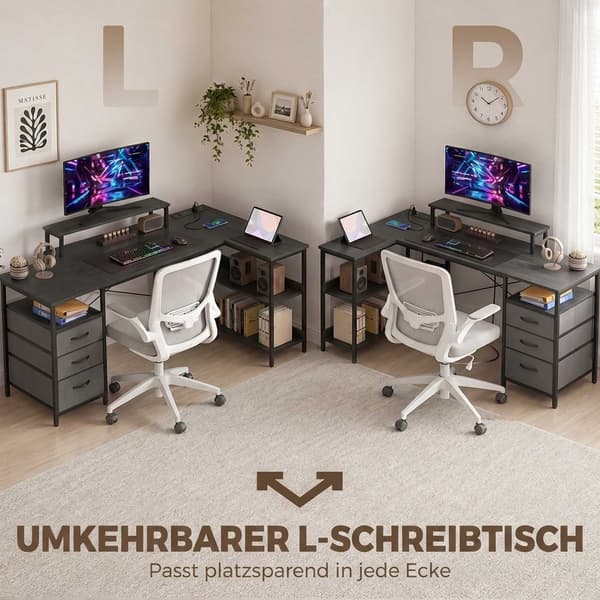 Vendbart L-formet skrivebord med skuffer, sort, 170 cm