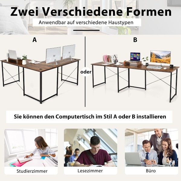 L-format datorbord med bildskärmsställ Vändbart hörnskrivbord Rustik brun