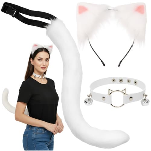 Katt/Räv Kostymset – Svans, Öron, Halsband, Vit