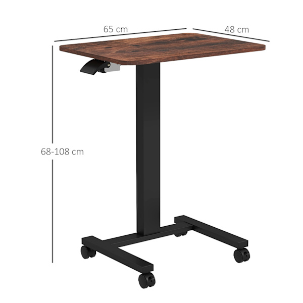 Höjdjusterbart laptopbord, med 4 hjul, 2 bromsar, 65 cm x 48 cm x 108 cm, med vev, broms, spånskiva, rustikbrun