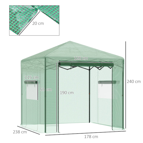 Växthusväxthustomathus med dörr och fönster för upprullning, PE stål mörkgrön 238 x 178 x 240 cm för optimal växtodling