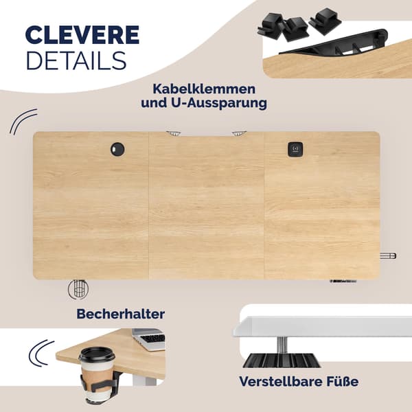 Højdejusterbart skrivebord, beige, 160x75 cm, USB-porte
