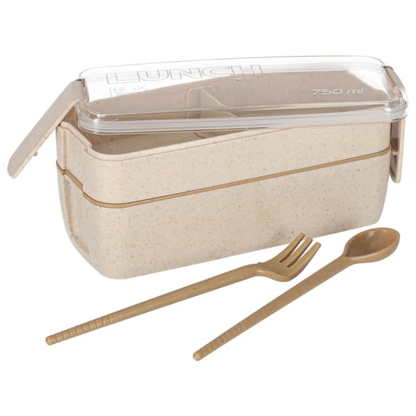 Madkasse med rum og bestik, 750 ml, beige