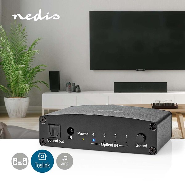 Digital Audio Switch | 4-vejs | Tilslutninger indgang: DC strøm / 4x TosLink | Tilslutninger udgang: TosLink Hun | Fjernbetjening / Manual / Trykknap