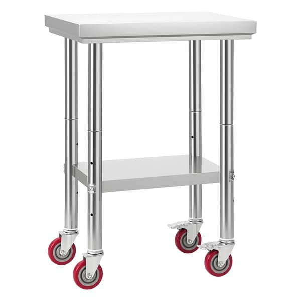 Arbejdsbord i rustfrit stål 24 x 18 tommer, hjul, justerbar hylde