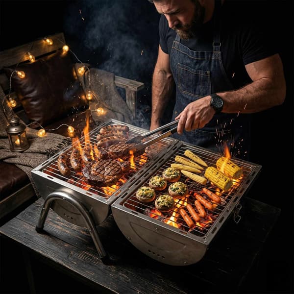 Sammenklappelig bordgrill i rustfrit stål med 2 riste