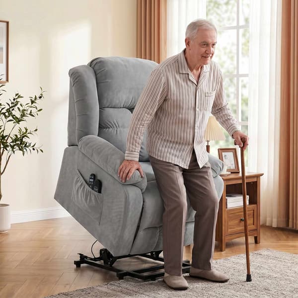 Fåtölj med massagefunktion, lyfthjälp och USB-portar, ljusgrå