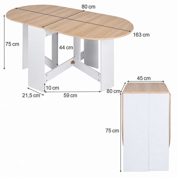 Hopfällbart vitt bord för 4-7 personer, 163x80x75 cm