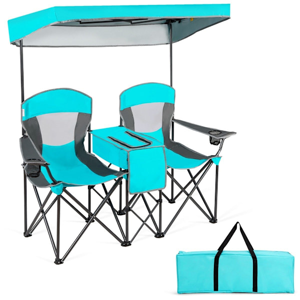 2-personers campingstol med solafskærmning Minibord foldefiskestol med bæretaske 166 x 71 x 151 cm Navy