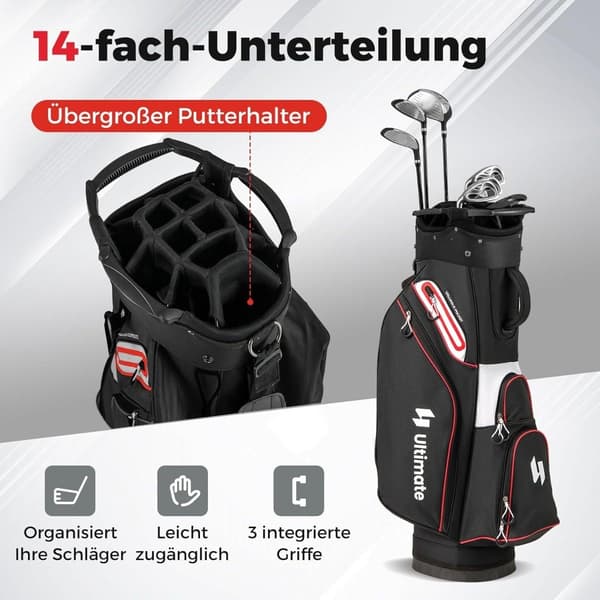 Golfvognstaske, 14-vejs skillevæg, vandtæt, sort