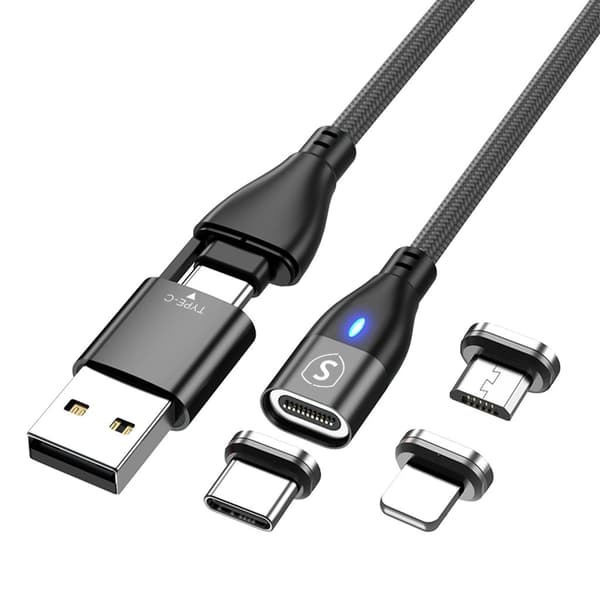Magnetisk kabel 3-i-1 USB-C, Lightning, Micro-USB 2.4A, 1 m - Svart