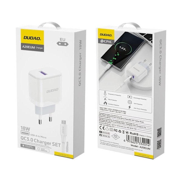 USB-A 18W nätverksladdare med USB-A - microUSB-kabel, vit