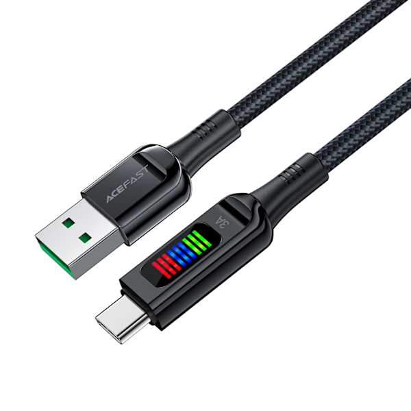USB-A - USB-C kabel 60W med display 1,2m svart