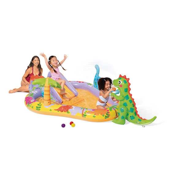 Oppustelig pool til børn vandlegeplads 201x157x69 cm dias springvand dinosaur INTEX 56139