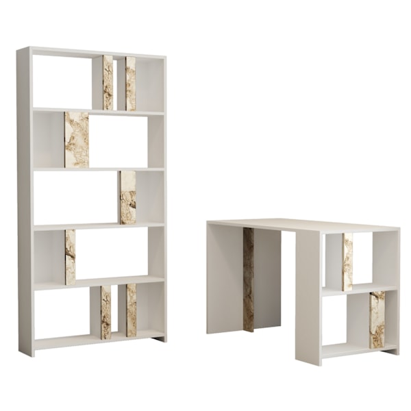 Arbetsbord & bokhylla Lima - Vit marmor