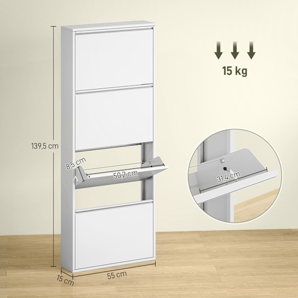 Skoskåp Metall med 4 klaffar Sko Tipper Slim för 8 par skor Skoställ Skoställ Skoställ Väggmonterad för Entré Hall 55 x 15 x 139,5 cm Vit |