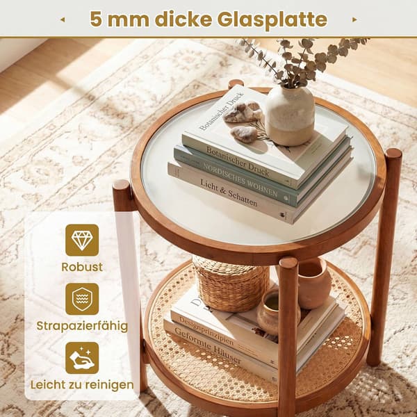 Boho sidebord i 2 niveauer med hærdet glasplade, valnød