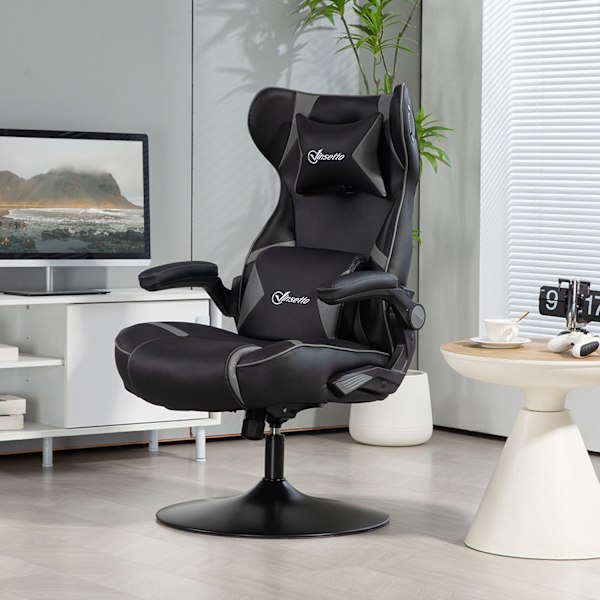 Gamingstol med vippe- og benfunktion, ergonomisk computerstol, højdejusterbar, drejelig skrivebordsstol med højttaler, bæreevne op til 120 kg, sort +