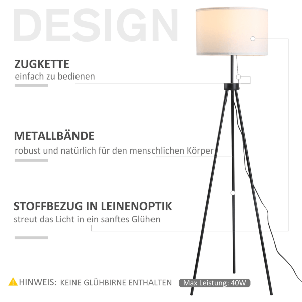 Gulvlampe Moderne Gulvlampe E27, Stål & Polyester, Sort & Hvid, 37X37X152Cm
