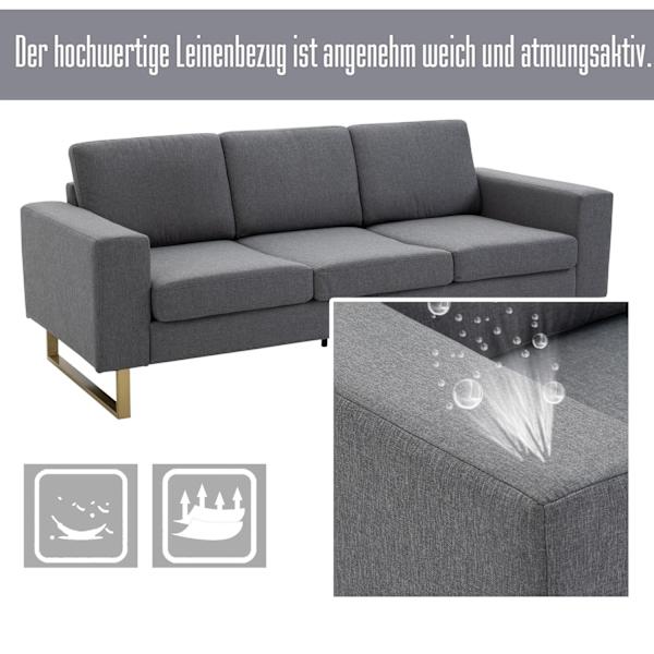 Klädd soffa 3-sits soffa tyg soffa sittplatser TV fåtölj kudde armstöd linne mörkgrå 200 x 82 x 78 cm
