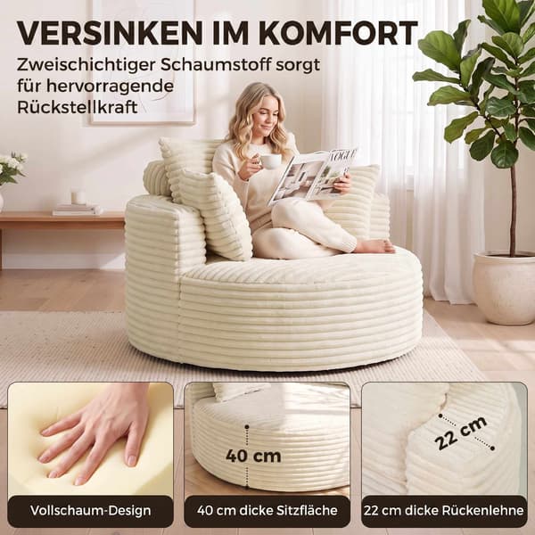 Djup sits skumfåtölj med dynor, krämvit