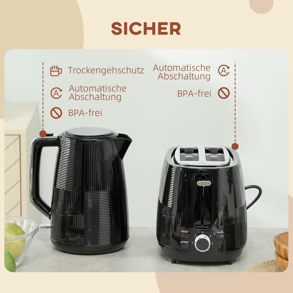 Elkedel & Brødristersæt, 1,7L, Rustfrit stål, Sort