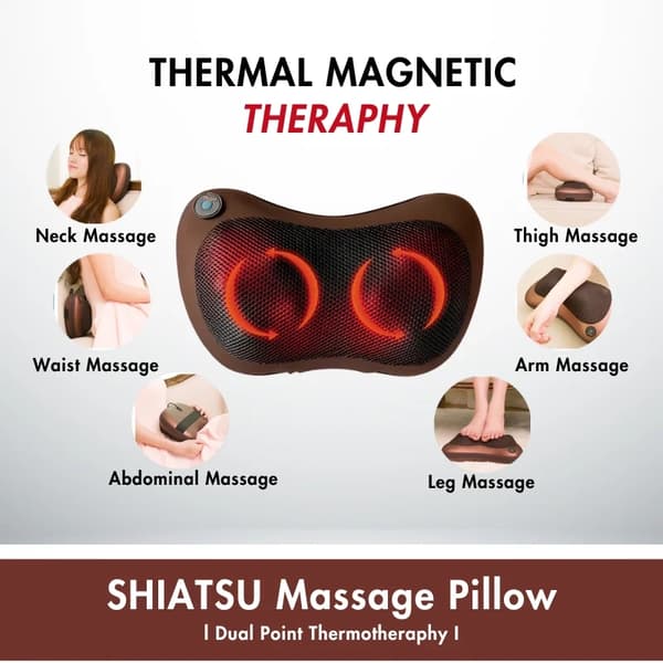 Shiatsu massagekudde, dubbel värmeterapi, 4 noder, brun
