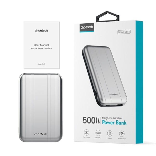 Lille lys induktions powerbank 5000mAh MagSafe USB-A USB-C sølv
