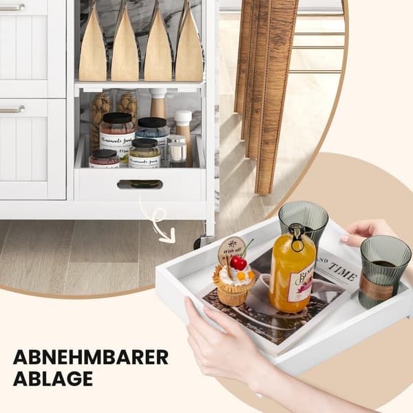 Rolling Kitchen Island Cart med 2-lagers förvaring, vit