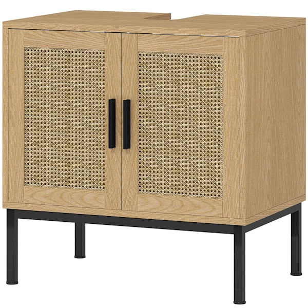 Vask underskab med skabsrum, vaskeskab med rattan look, badeværelses underskab med vippebeskyttelse, eg, 60 x 39 x 60 cm