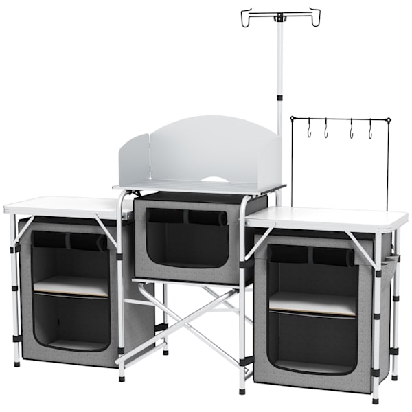 Camping Kitchen Kokoontaitettava Keittiö Tuulensuoja 3 Kaappia 3 Työtasoa Säädettävä Valoteline Camping Garden Alumiini Oxford Harmaa