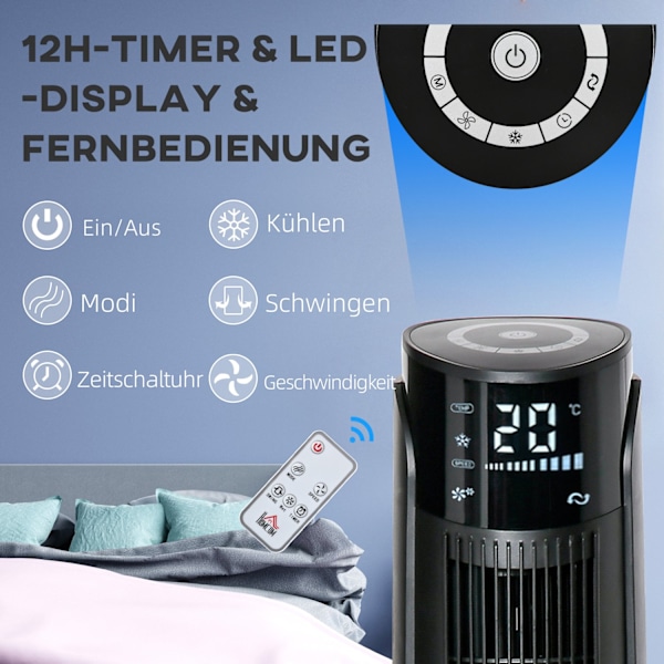 Kolonne Ventilatortårn Ventilator Luftkøler 2-i-1 - 4 tilstande 3 hastigheder, Fjernbetjening, Timer, Drejelig - Sort Aosom