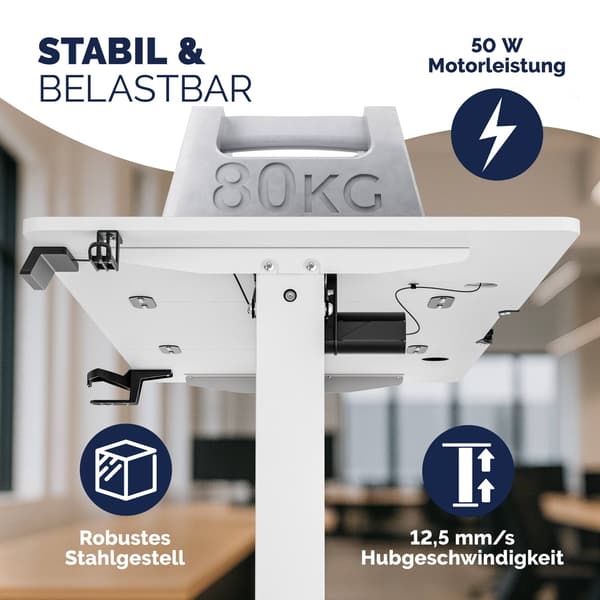 Højdejusterbart skrivebord, hvidt, 120x60 cm, USB-porte