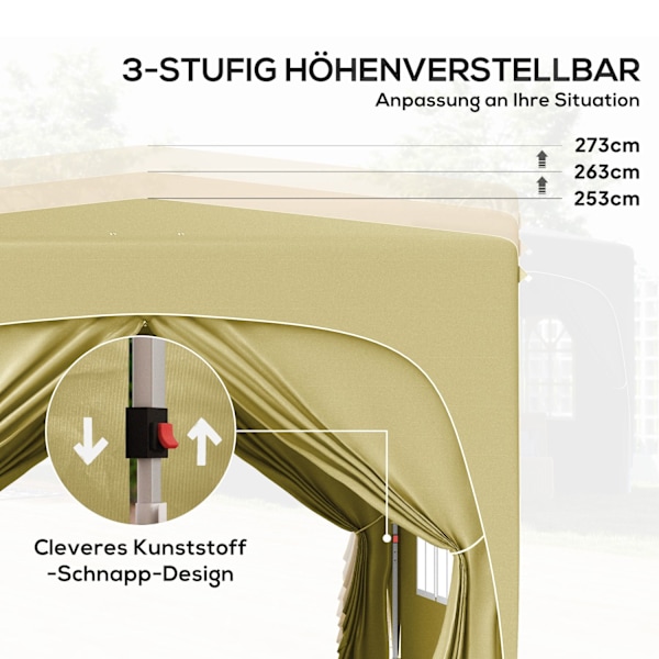 Lysthus 3x3m, vandafvisende, stabilt, vintertæt pop-up foldepavillon, UV-beskyttelse 50+, sammenfoldeligt partytelt, havetelt med 4 sidepaneler, lomme